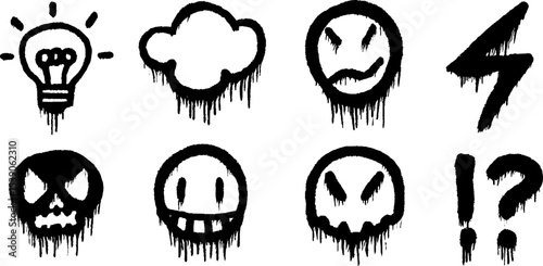 Graffiti style icons featuring lightbulb, thundercloud, and exclamation marks for creative design