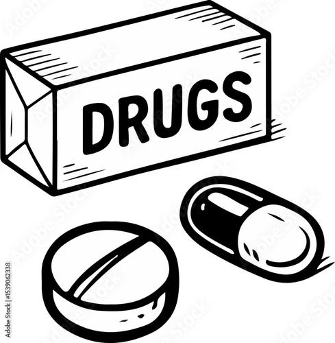 Hand-drawn illustration of a blister pack containing six capsules, one round tablet, and one loose capsule, in a monochrome style. Ideal for pharmaceutical, healthcare, and medicine-related projects