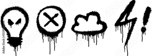 Graffiti style lightbulb, cross, thundercloud, and exclamation mark symbol set