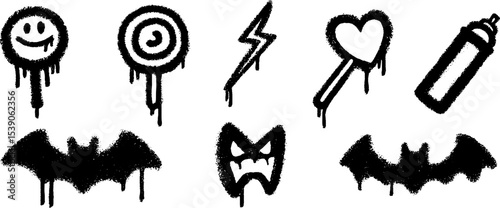 Street art elements: lollipop, bat, heart, spray nozzle, and graffiti symbols for urban designs