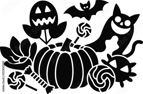 Spooky Halloween Vector Illustration with Ghosts, Nun, Zombie Pumpkins, and Bats – 2025 Trend Design, 
