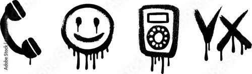Retro technology icons featuring rotary phone, floppy disk, and vhs tape in artistic design