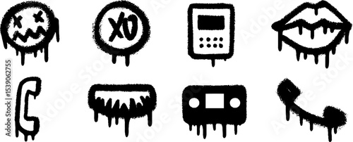 Retro technology symbols in dripping graffiti style for nostalgic designs