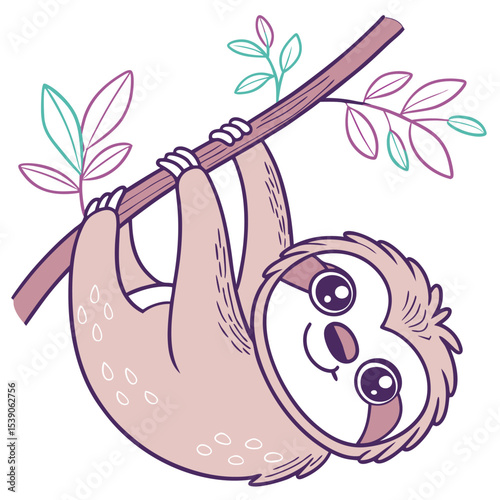 Cartoon Sloth Hanging Upside Down on a Branch with Leaves Adorable and Playful Character Design for Children's Illustration