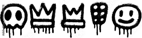 Graffiti art set with skulls, crowns, and dice in dripping style for urban design