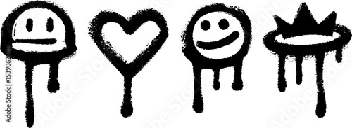 Graffiti style emojis and shapes featuring faces and heart designs