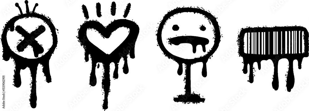 Naklejka premium Grunge graffiti set: tv antenna, heart, face, and barcode for urban art and design