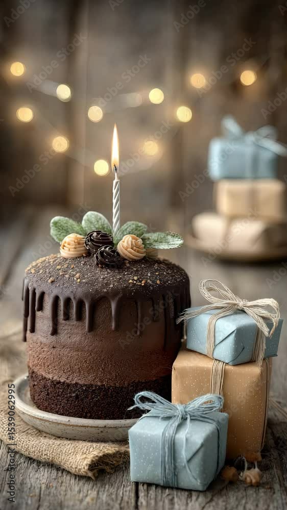Delicious chocolate cake with a candle and decorative gifts on a rustic wooden table. Delicious chocolate cake with a candle and decorative gifts on a rustic wooden table.