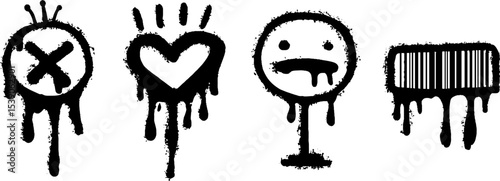 Grunge graffiti set: tv antenna, heart, face, and barcode for urban art and design