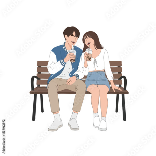 Minimalist Line Art Couple Sitting on Bench Drinking Iced Coffee Illustration