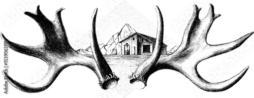 Dotwork tattoo art featuring antlers and mountain cabin