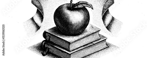 Artistic dotwork tattoo of apple and book stack