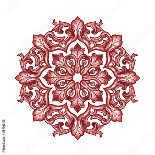 Ornate floral mandala design in red and white color scheme  