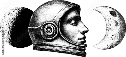 Cosmic journey: astronaut helmet moon dotwork tattoo design for creative inspiration