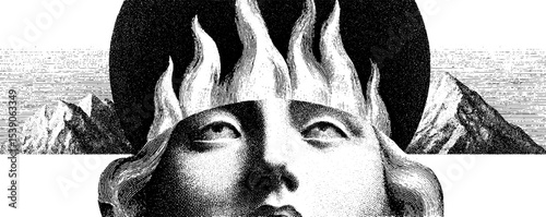 Surreal collage style with astral body and flame crown elements
