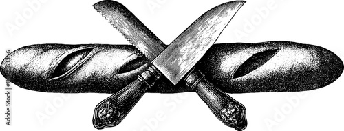 Vintage engraving of baguette with butter knife design for culinary art prints