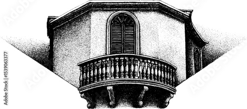 Architectural ink sketch of balcony railing and shuttered window design