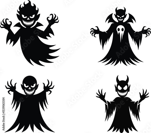 Spooky Halloween Vector Illustration with Ghosts, Nun, Zombie Pumpkins, and Bats – 2025 Trend Design, 