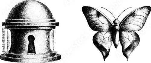 Dotwork art featuring bell jar with keyhole and butterfly for tattoo design inspiration