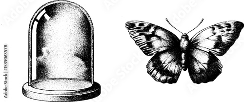 Vintage dotwork tattoo design featuring bell jar and butterfly