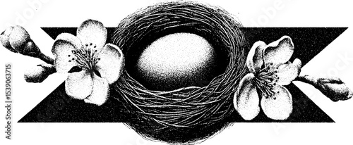 Intricate dotwork tattoo design with bird nest and cherry blossom branch art