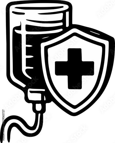 Hand-drawn illustration of an IV drip bag with a shield featuring a cross symbol, representing healthcare, protection, and emergency medical care. Perfect for pharmaceutical and hospital-related desig