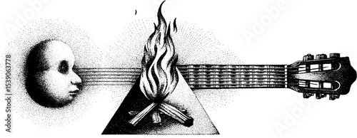 Artistic dotwork of bonfire and guitar in tattoo style for creative design