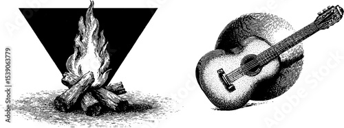 Bonfire and guitar in dotwork tattoo style for artist inspiration and design