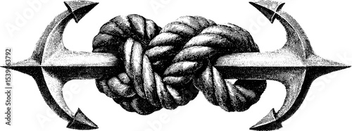 Nautical dotwork tattoo design featuring boat anchor and rope knot in black ink