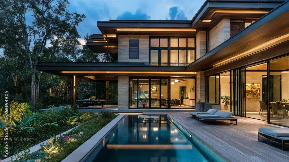 Elegant wooden home facade featuring a beautiful pool view and upscale design