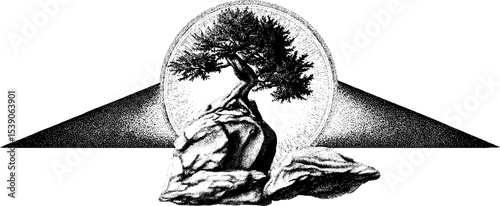 Bonsai tree and rock garden in dotwork tattoo style design for art and decor