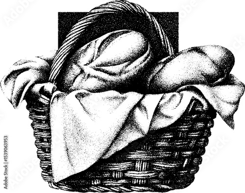 Rustic kitchen dotwork art: bread basket with towel
