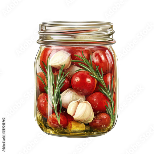 Jar of Marinated Cherry Tomatoes with Garlic and Rosemary in Olive Oil on transparent background