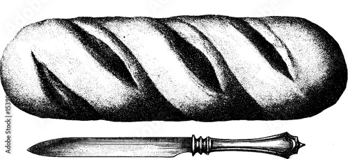 Rustic bread loaf with butter knife in dotwork tattoo style design for artistic inspiration