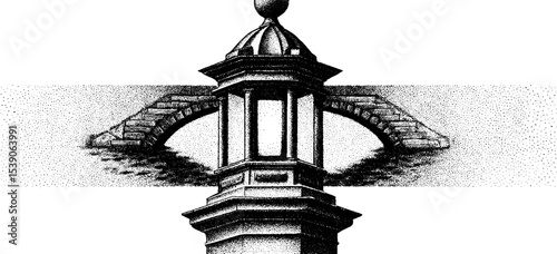 Bridge with lantern post in dotwork tattoo style design for artistic inspiration