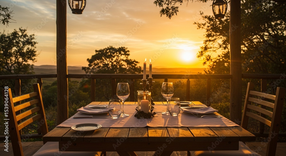 Fototapeta premium Romantic Candlelit Dinner Table Setting at Sunset