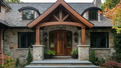 Georgian-style cottage entrance with wooden door, stone cladding, gabled porch, and landing