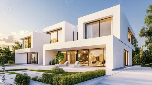 Group of sleek white modern houses showcasing contemporary residential exterior architecture