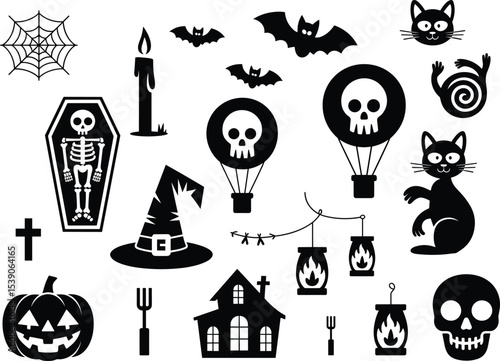 Spooky Halloween Vector Illustration with Ghosts, Nun, Zombie Pumpkins, and Bats – 2025 Trend Design, 