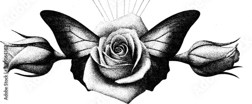 Butterfly and blooming rose in dotwork tattoo style for artistic design