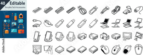 Portable Tech Accessories & Office Gadget Vector Icon Set