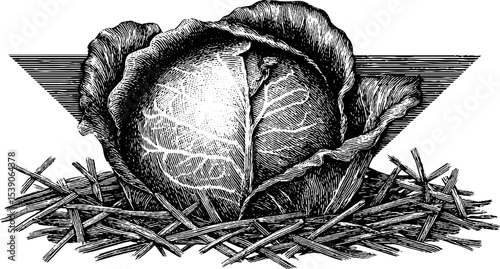 Vintage style cabbage head with straw mulch engraving for rustic decor
