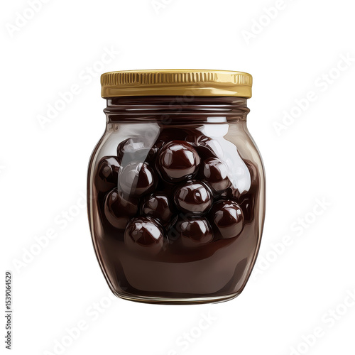 Jar of Chocolate-Covered Cherries in a Clear Glass Container with Gold Lid on transparent background