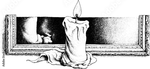 Candle and vintage mirror in dotwork tattoo style design for artistic illustration