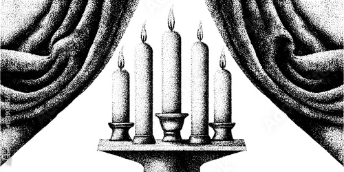 Elegant dotwork candlestick with velvet curtain tattoo design