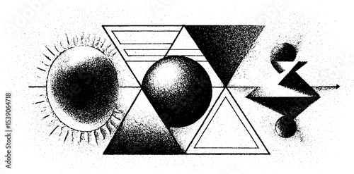 Geometric sun and circles abstract artwork with triangle patterns for modern design