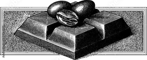 Vintage engraving of chocolate bar with coffee beans for design and decor