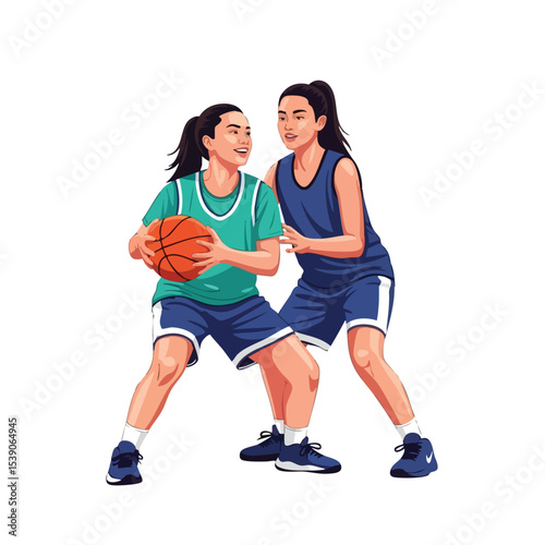 Cartoon Style Two Woman Playing Basketball Game Sport Illustration