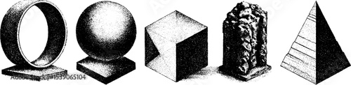Geometric shapes collection with circle segment and floating cube in isometric design