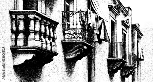 Urban cityscape with balconies and drying laundry in ink sketch style